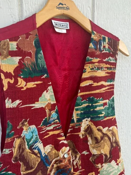 Vintage Mirrors Western Tapestry Vest Women's Large Red Horses Pearl Button 90s - Picture 5 of 10